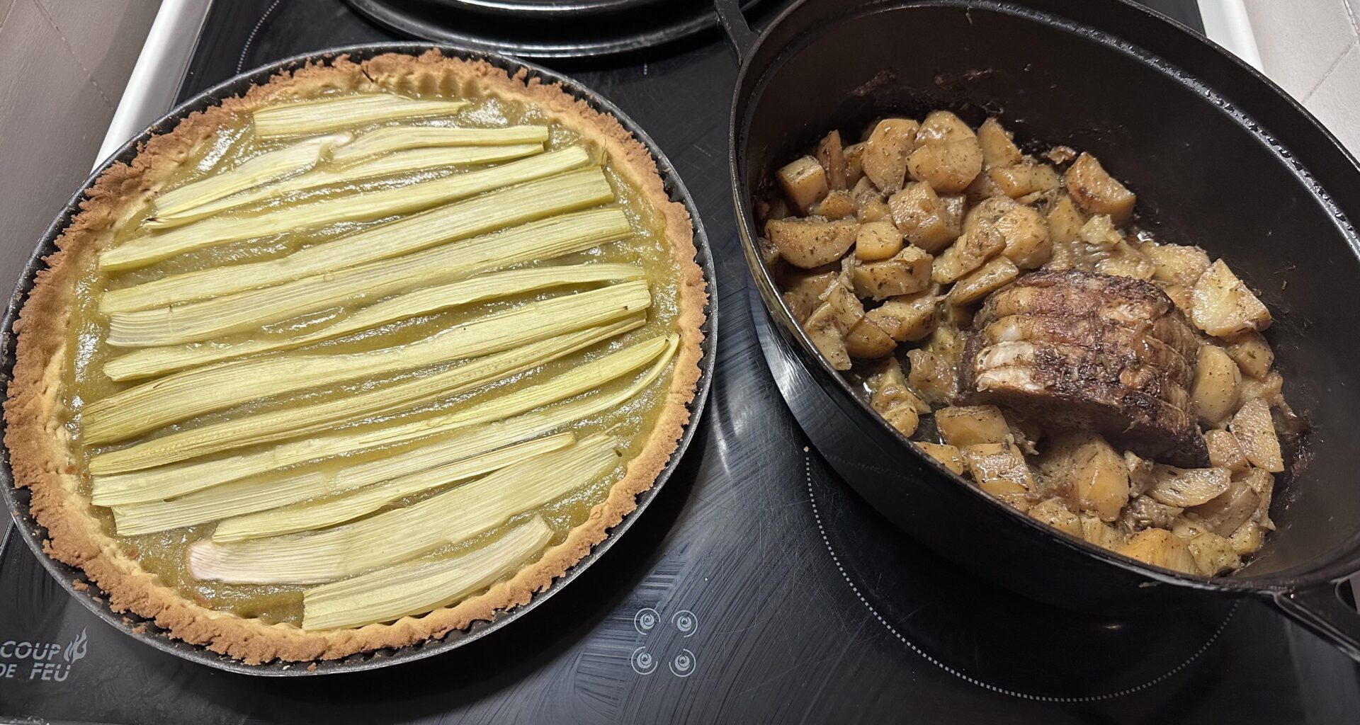 Repas tous simple pour le fiston : rôti de porc, pdt et tarte à la rhubarbe