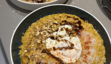 Risotto Butternut rotie , lardons, noix et œuf poché 🍂