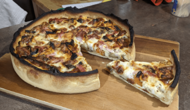 Tarte patates douces, courgettes, jambon et mozzarella