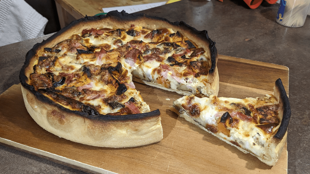 Tarte patates douces, courgettes, jambon et mozzarella