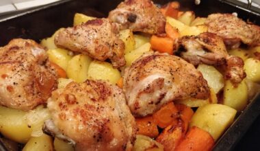 Hauts de cuisses de poulet, pommes de terre, carottes au four