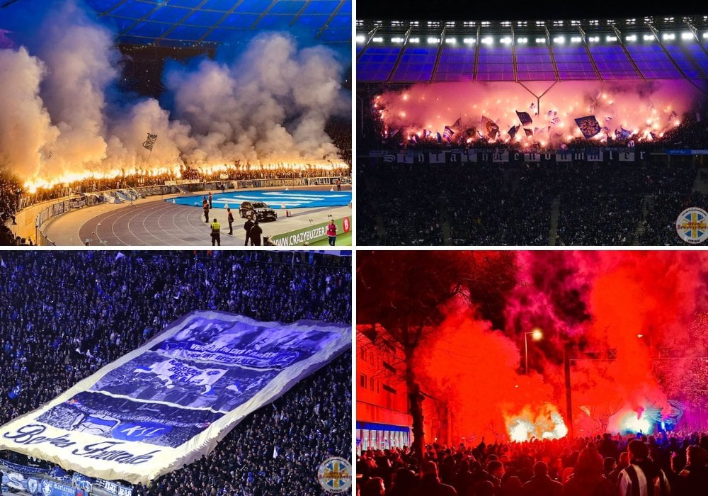 Sonderzug, Fest, Fanmarsch, gemeinsame Choreo und Pyroshows: So feierten Hertha und der KSC am Samstag ihre Fan-Freundschaft