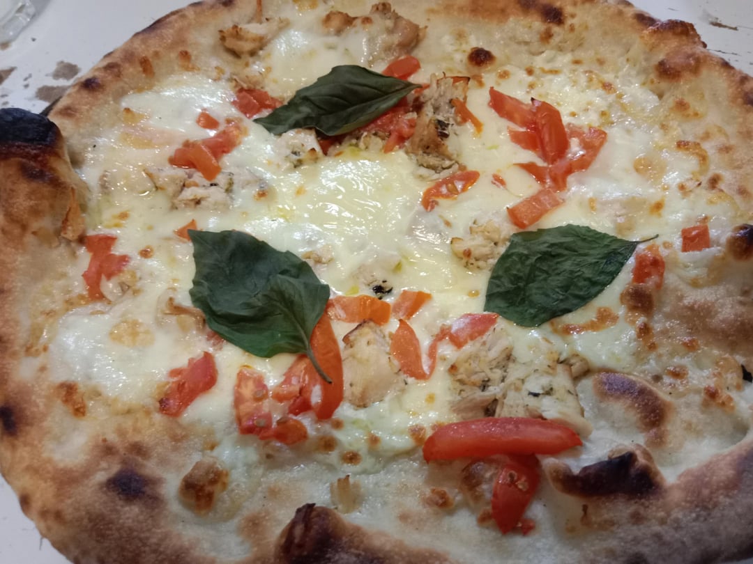 Pizza poulet poivrons basilic crème et taleggio