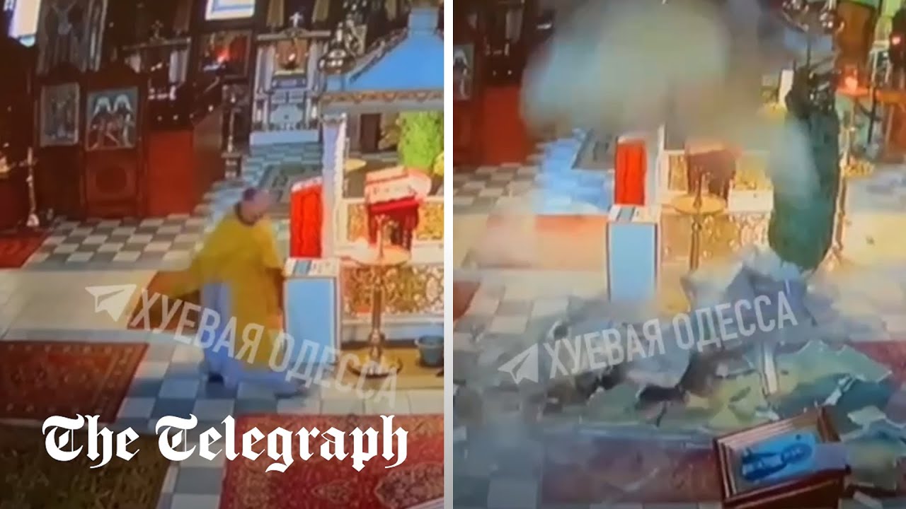 Ukraine: Moment priest in Odesa is almost killed in church by missile debris