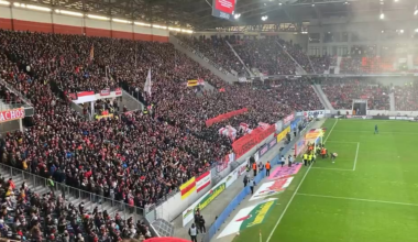 Both fan groups of SC Freiburg and 1. FC Köln chanting together “Scheiß DFL” to protest for several minutes during today’s match.