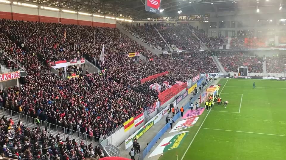 Both fan groups of SC Freiburg and 1. FC Köln chanting together “Scheiß DFL” to protest for several minutes during today’s match.