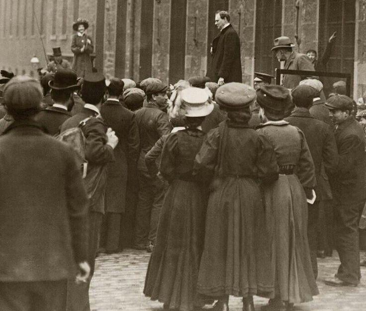 Mary Maloney protesting 34-year-old Winston Churchill, demanding that he apologise for insulting remarks he had made about the women's suffrage movement. When he refused to apologise, she drowned him out by ringing a large bell a soon as he tried to resume his remarks.