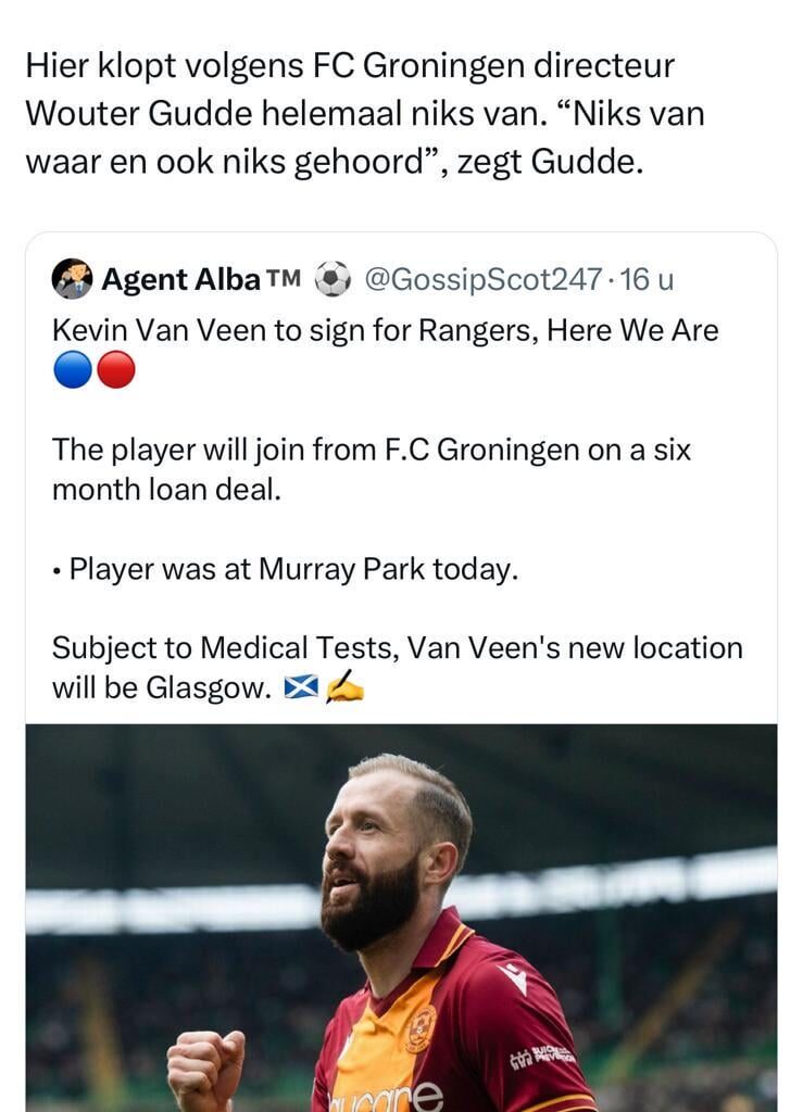 Technical Director of FC Groningen says the "transfer" of Kevin van Veen to Rangers is not true