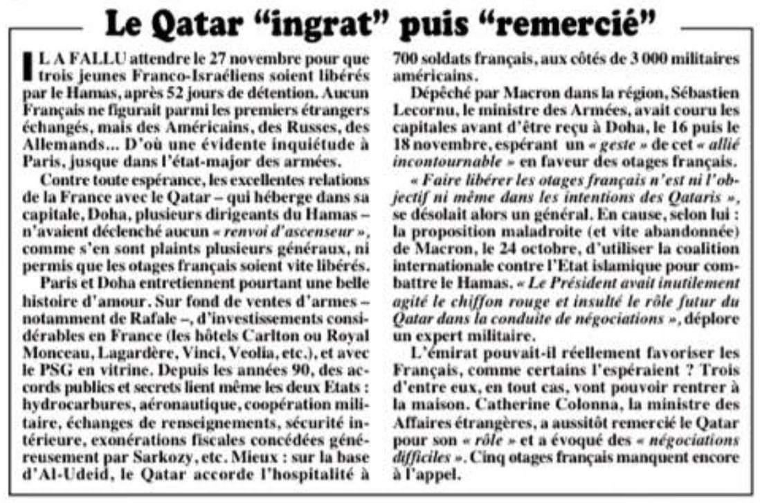 [Canard Enchaîné du 29 Novembre 2023] Le Qatar "ingrat" puis "remercié"