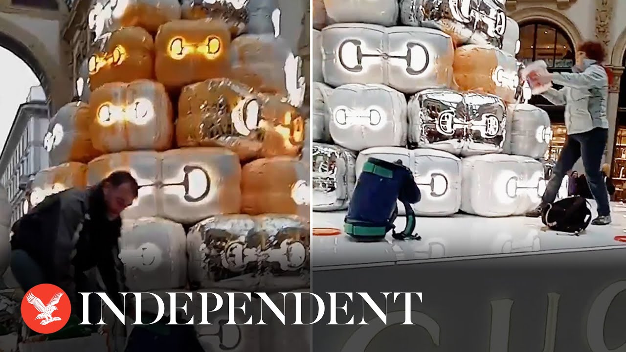 Climate activists smear paint over Gucci Christmas tree in Milan