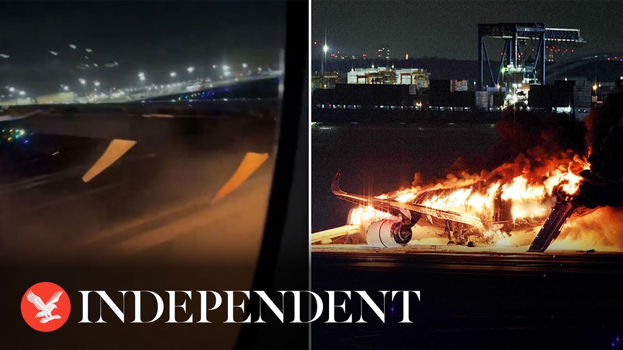 Footage from inside burning Japan Airlines plane shows moment aircraft catches fire
