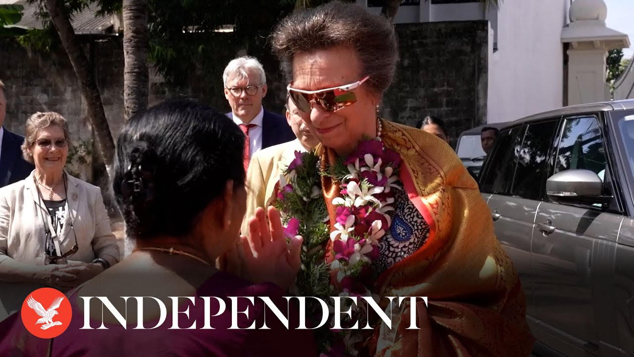 Princess Anne dons flower garland during Hindu temple visit in Sri Lanka