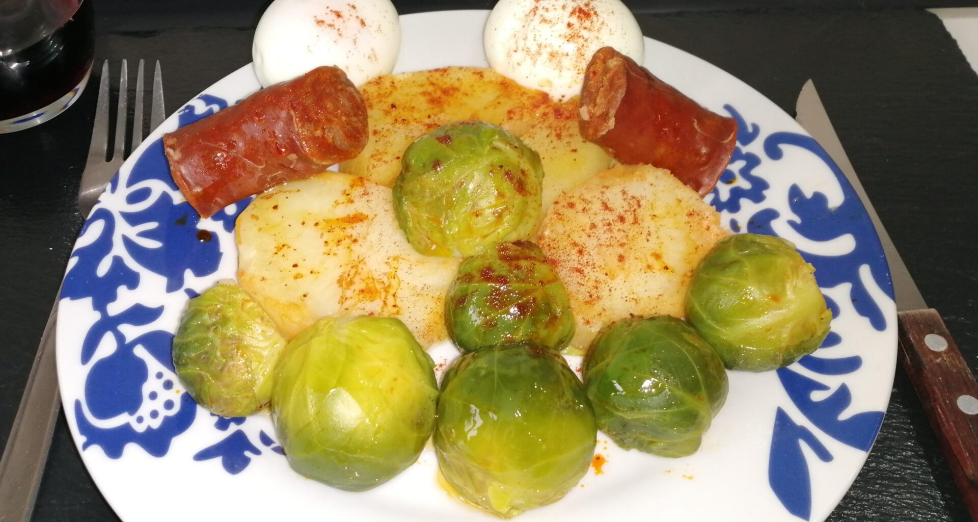 Brussel Sprouts, Potatoes, Eggs and Chorizo