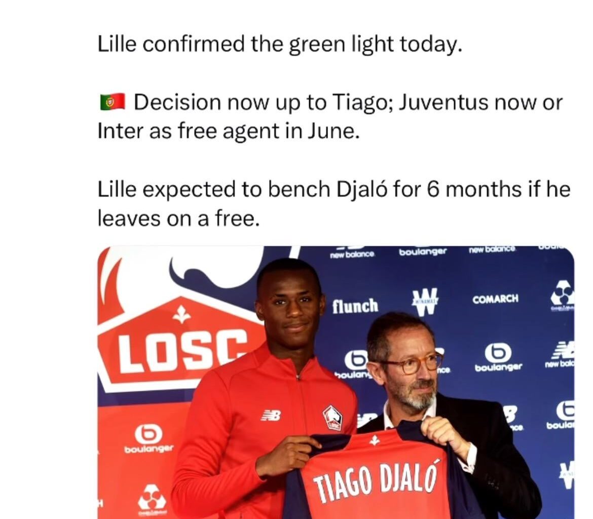 Juventus and Lille have agreed on €3.5m fee for Tiago Djaló to join the club in January.