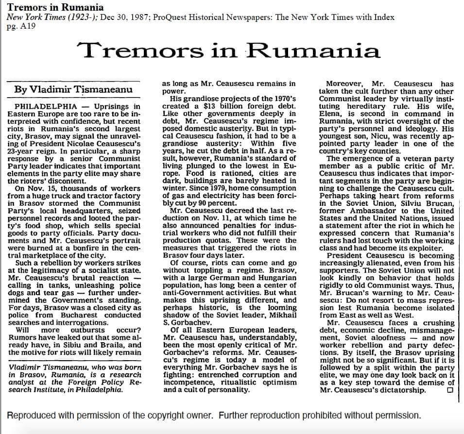 'Tremors in Rumania' Articol din 1987 în ziarul american The New York Times despre Revolta de la Braşov