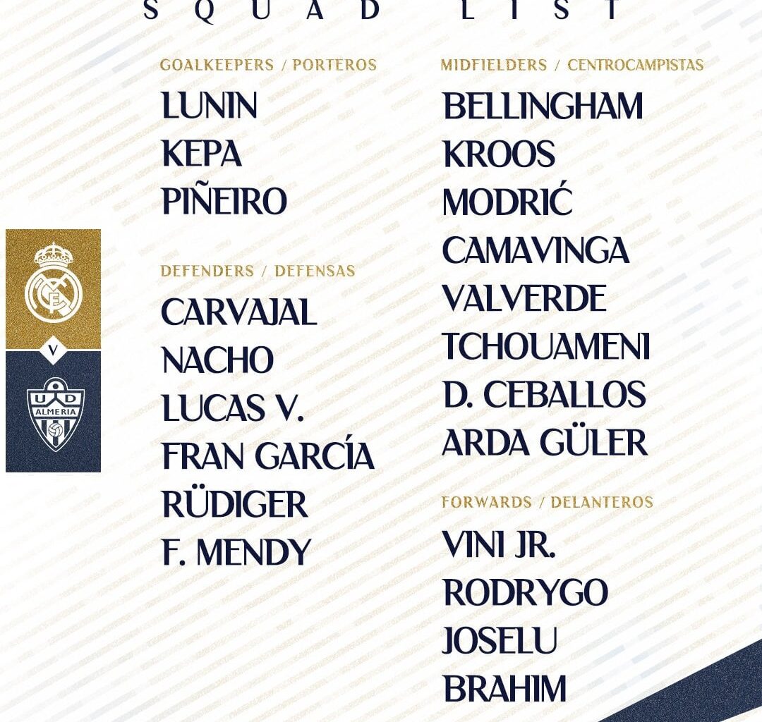 Real Madrid C.F. 🇬🇧🇺🇸 (@realmadriden) on X: 📋✅ Our squad for the match.