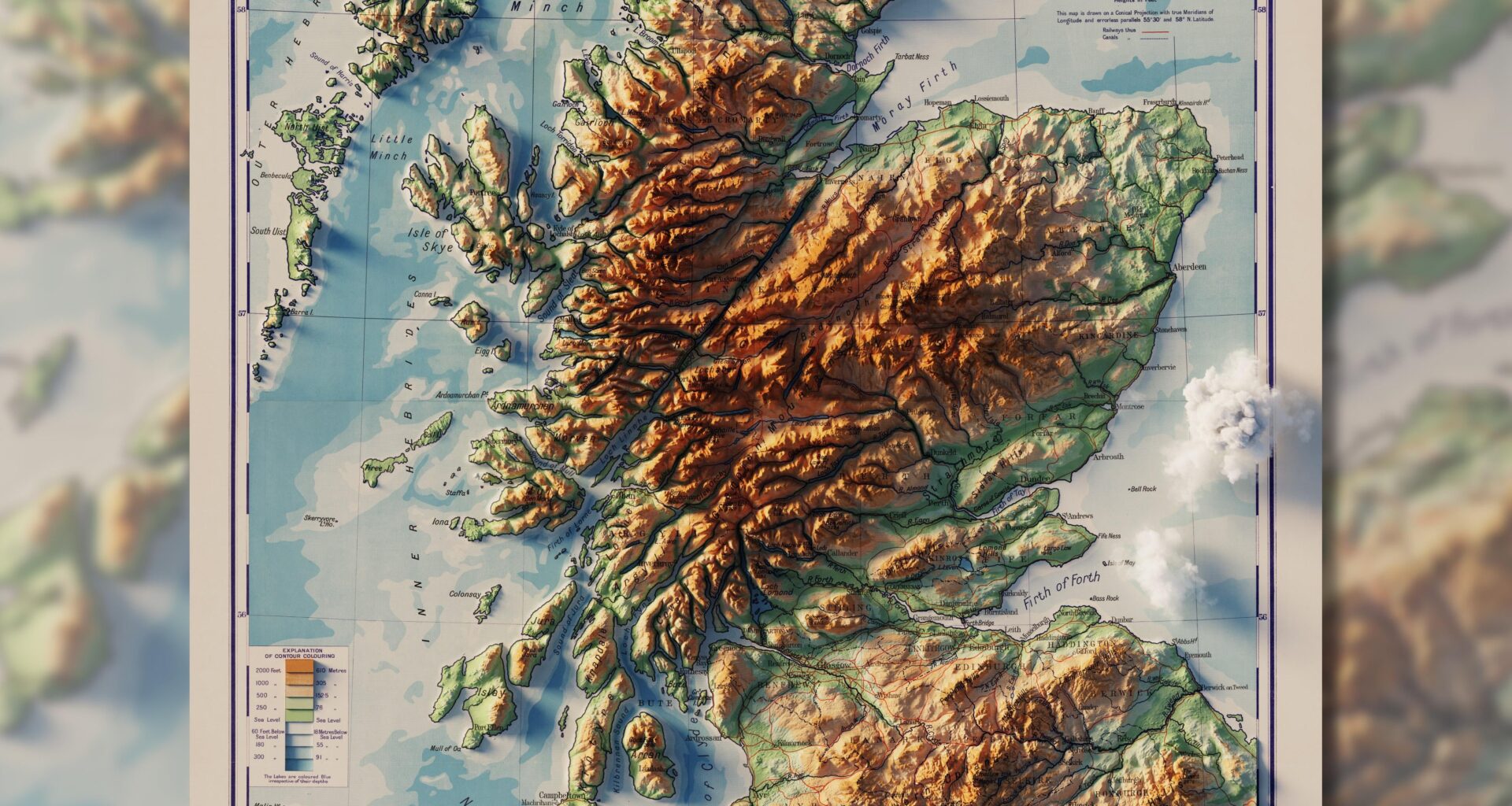Modern 3D render of topography on a map from 1914 - Bacon's Excelsior Map of Scotland