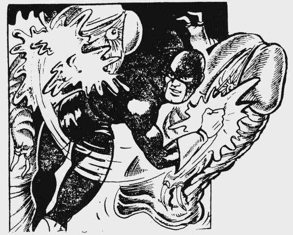 Today I learned Bob Monkhouse started out as a comic book artist. Here is his picture of The Tornado fighting "fungi" in the 40s/50s