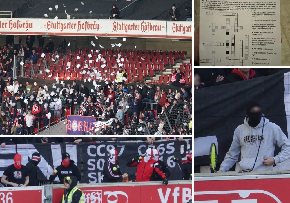 VfB-Ultras kippten Kreuzworträtsel über RB Leipzig-Anhängern aus & provozierten Protest-Spielunterbrechung mit Tennisschläger