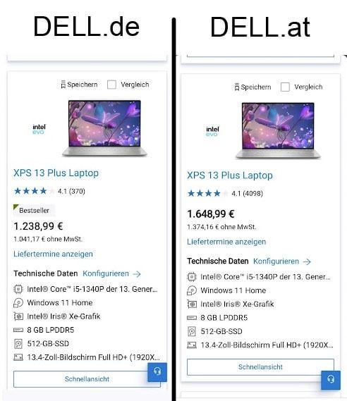Guter alter preisvergleich zwischen Österreich und Deutschland. 400€ mehr für den gleichen laptop.