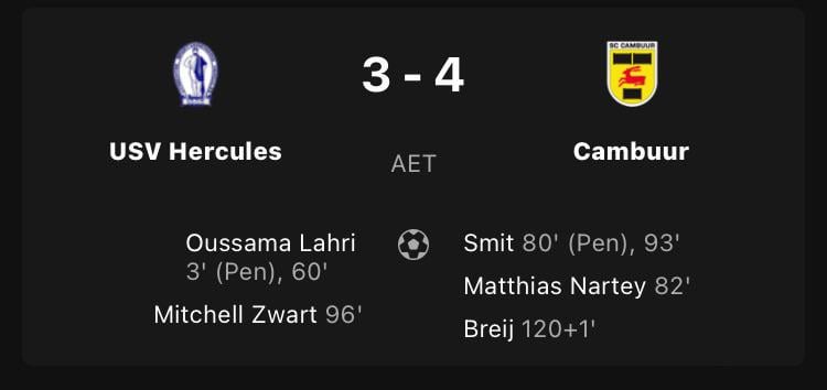Heartbreak for Hercules as as last minute goal sends Cambuur through in extra time: 3-4