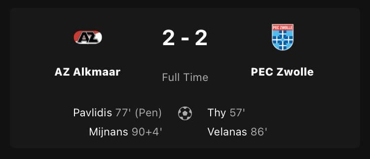 AZ fail to fully capitalise on FC Twente's loss, but save a point with late minute goal against PEC: 2-2