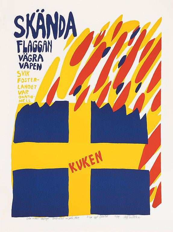 "Skända flaggan" av Carl Johan De Geer från år 1967. Han dömdes till dagsböter för detta verk.