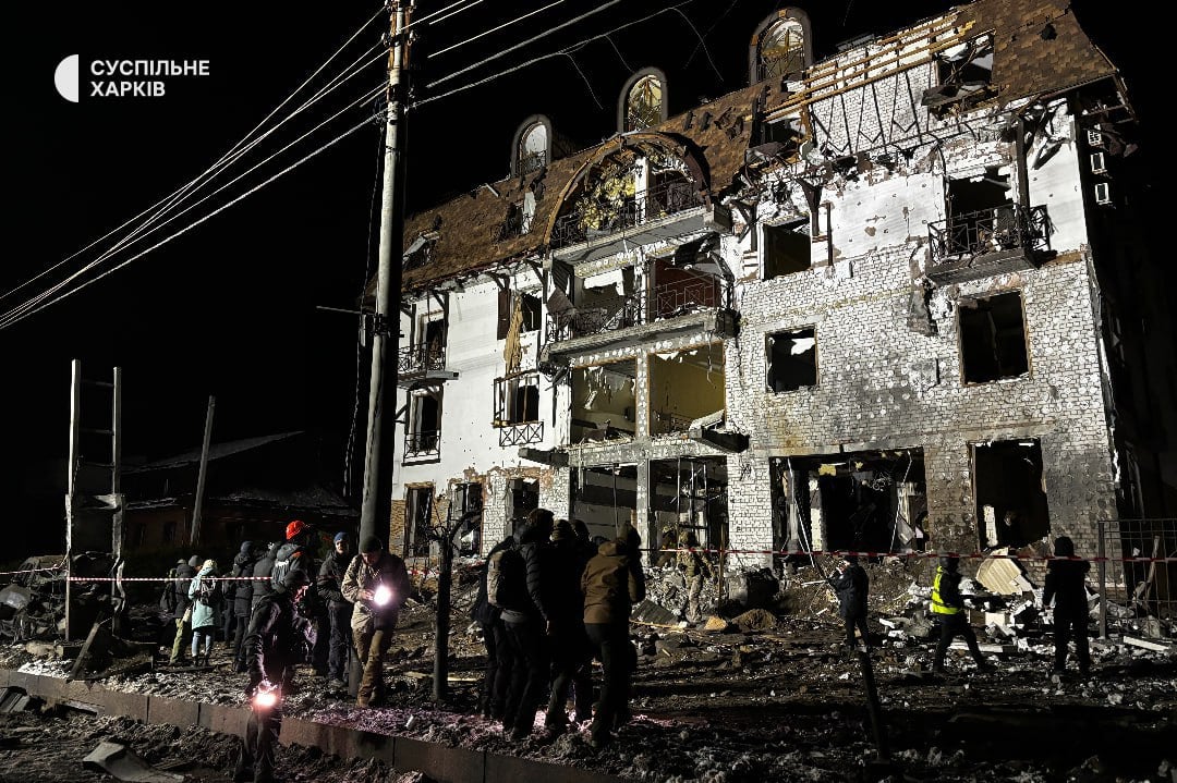 The aftermath of a Russian missile attack on a hotel in Kharkiv. Photo: Suspilne.