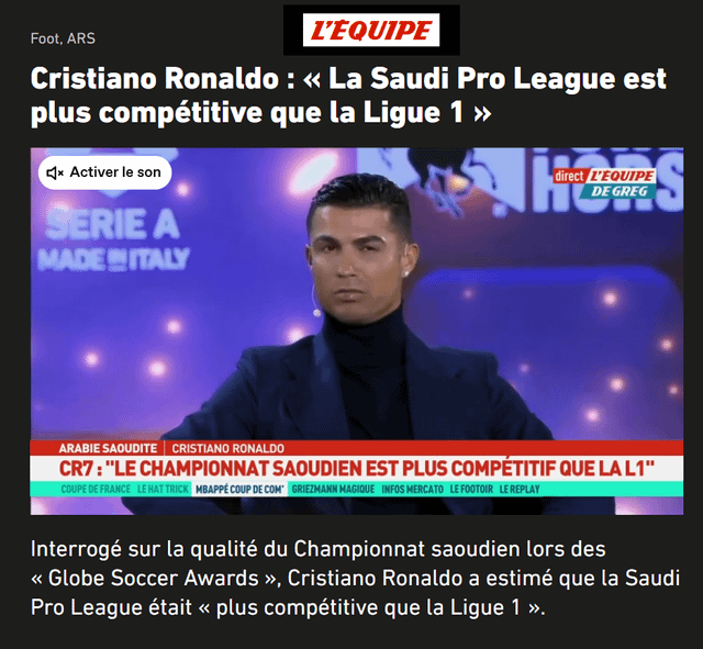 Cristiano Ronaldo : « La Saudi Pro League est plus compétitive que la Ligue 1 » [L’Équipe]