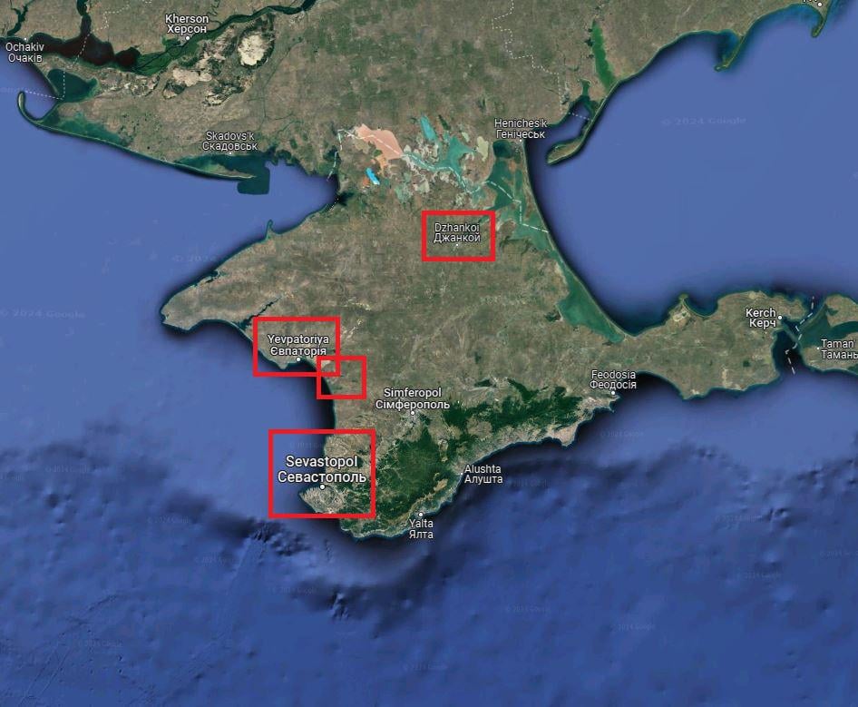 Explosions reported in Crimea. Reports of multiple long-range Ukrainian missiles flying over and impacting in the areas of Dzhankoi, Yevpatoria, Saki and Sevastopol.