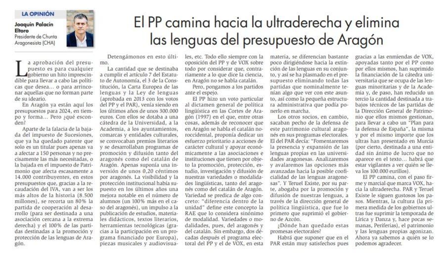 El PP camina hacia la ultraderecha y elimina las lenguas del presupuesto de Aragón.