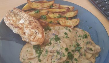 grilled chicken breast, mushroom sauce and potato wedges
