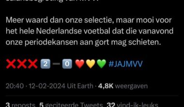Deleted Twitter post of the official MVV Maastricht account upset at the fact Julian Rijkhoff played in the match against Jong Ajax
