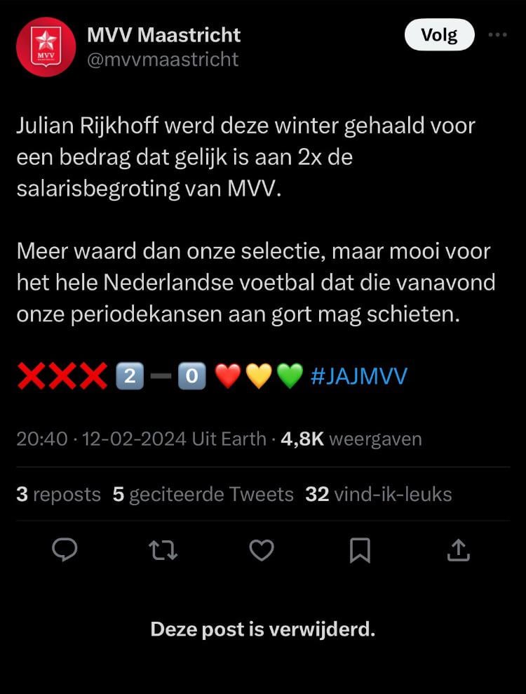 Deleted Twitter post of the official MVV Maastricht account upset at the fact Julian Rijkhoff played in the match against Jong Ajax