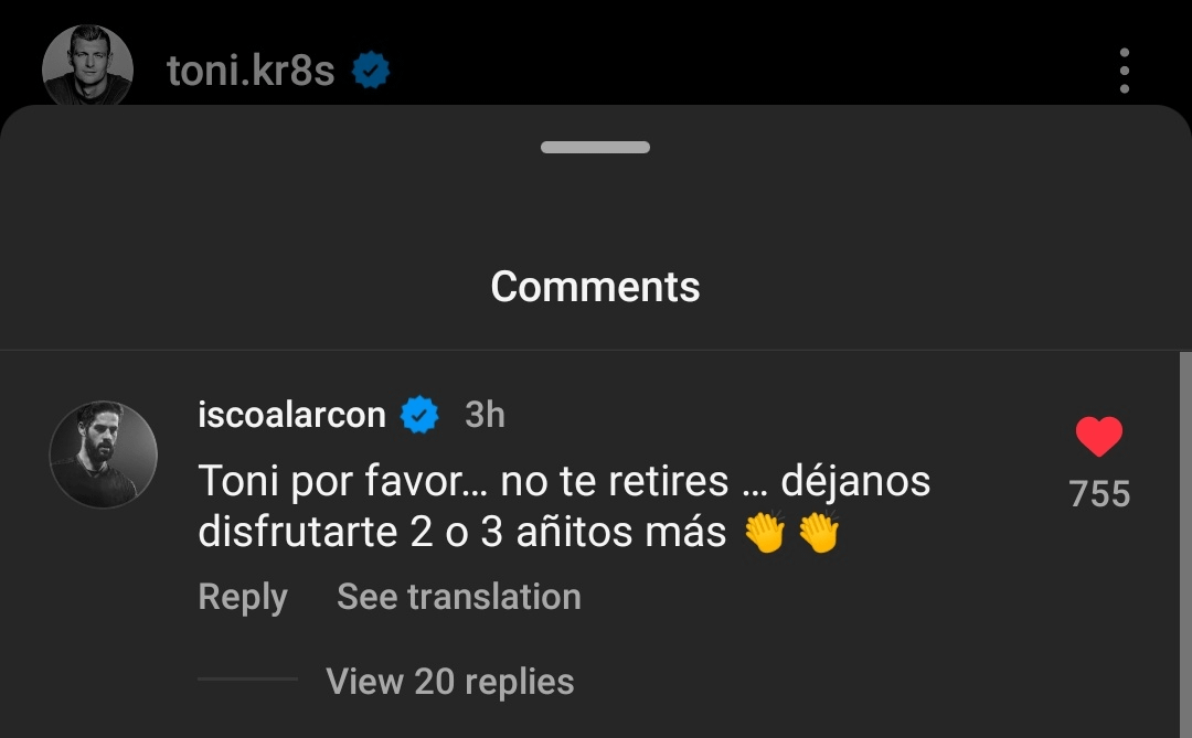 Isco on Toni's last post 🥹