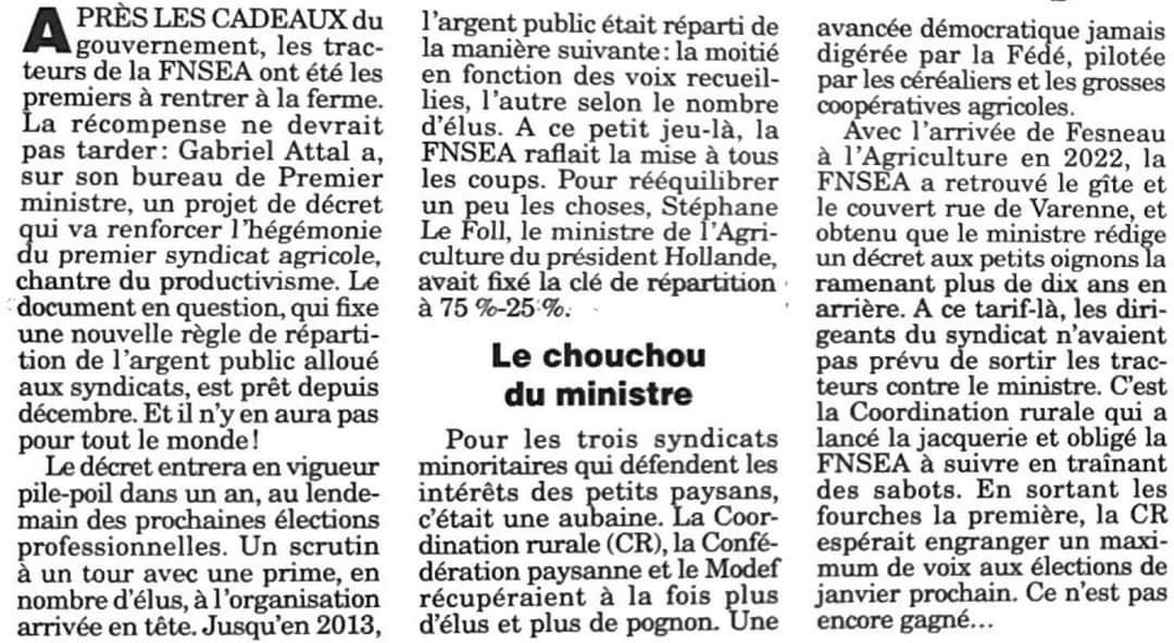 [Canard Enchaîné du 7 février 2024] Fesneau promet du blé à son syndicat préféré