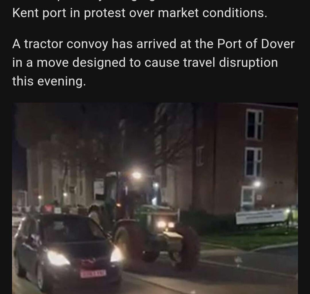 The image makes it look like tractors are lurking the streets of Dover preying on humans at night
