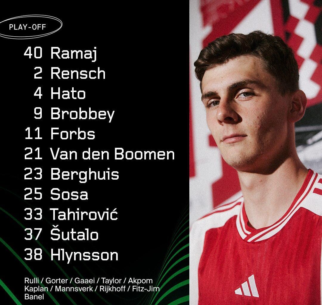 Ajax starting XI for away game against Bodø/Glimt. Henderson not in squad and Taylor dropped.