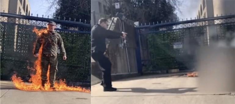 Premier geste d'un agent de sécurité de l'ambassade d'Israël à Washington devant le corps en feu d'Aaron Bushnel, le jeune GI qui s'est immolé pour protester contre la guerre en Palestine. Société fascisée.