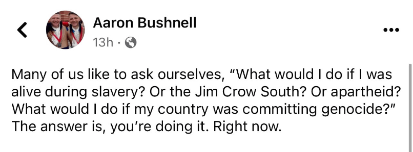 Dernier post facebook d'Aaron Bushnell, le jeune GI qui s'est immolé à Washington pour protester contre la guerre d'Israël contre la Palestine et sa dérive génocidaire.
