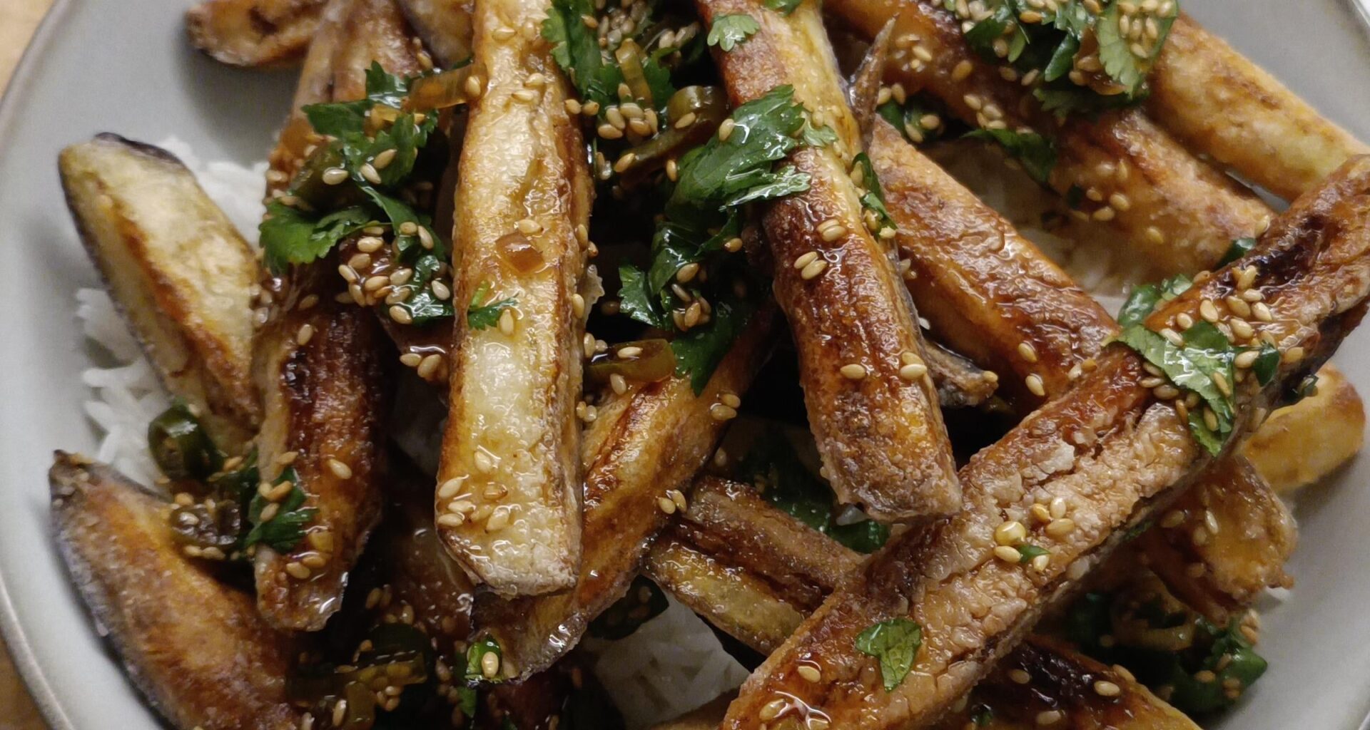 Aubergine Fries w/ Chili Oil and Cilantro on Rice