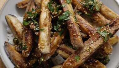 Aubergine Fries w/ Chili Oil and Cilantro on Rice