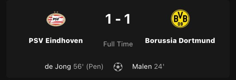 Dubious penalty leads inefficient but fierce PSV to a draw against Borussia Dortmund: 1-1