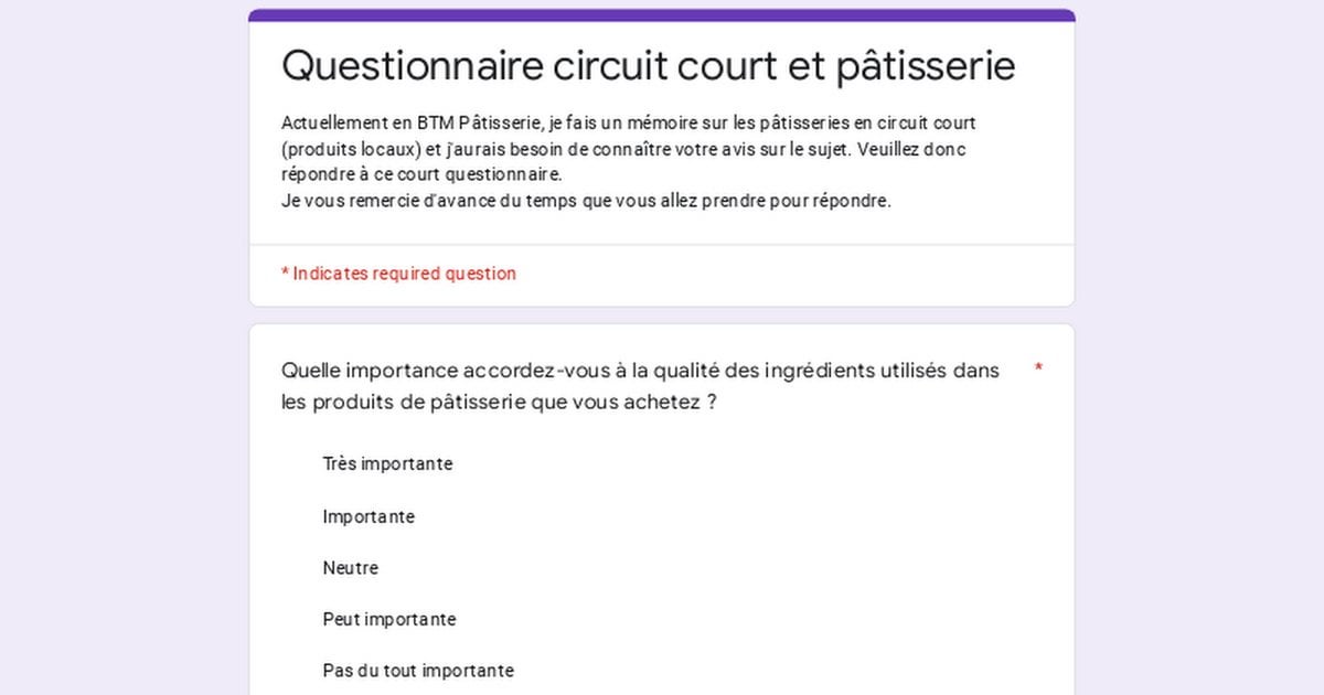Questionnaire Mémoire pour mon BTM de Pâtisserie