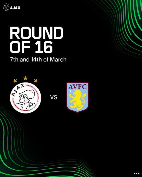 Ajax to play against Aston Villa in UEFA Conference League Round of 16.