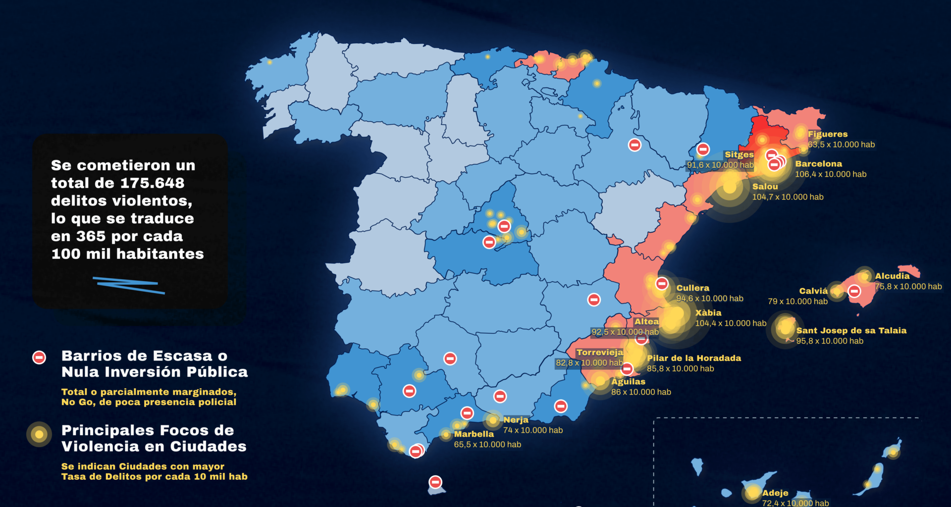 Provincias y ciudades más violentas de España, según delitos por habitante 2023