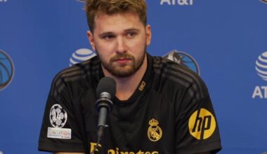 Luka Doncic wearing RM jersey on a press conference