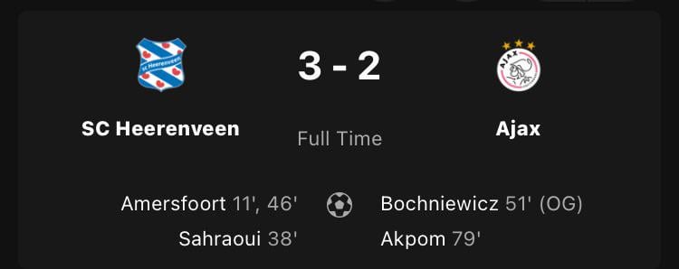 Ajax cant complete comeback despite near own goal by master Van Beek and dont capitalise on AZ point loss against a rough SC Heerenveen: 3-2