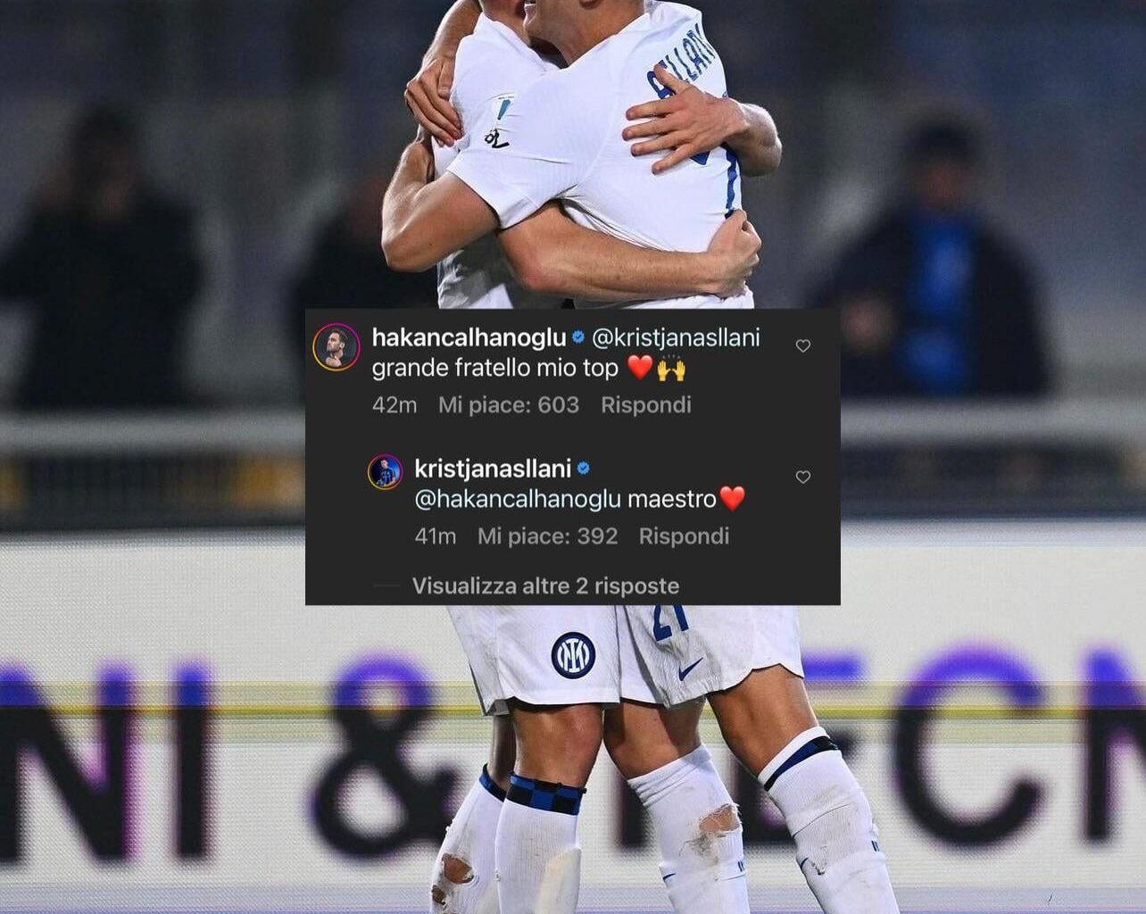 Hakan Calhanoglu showing support to Kristjan Asllani on Instagram! 🖤💙
