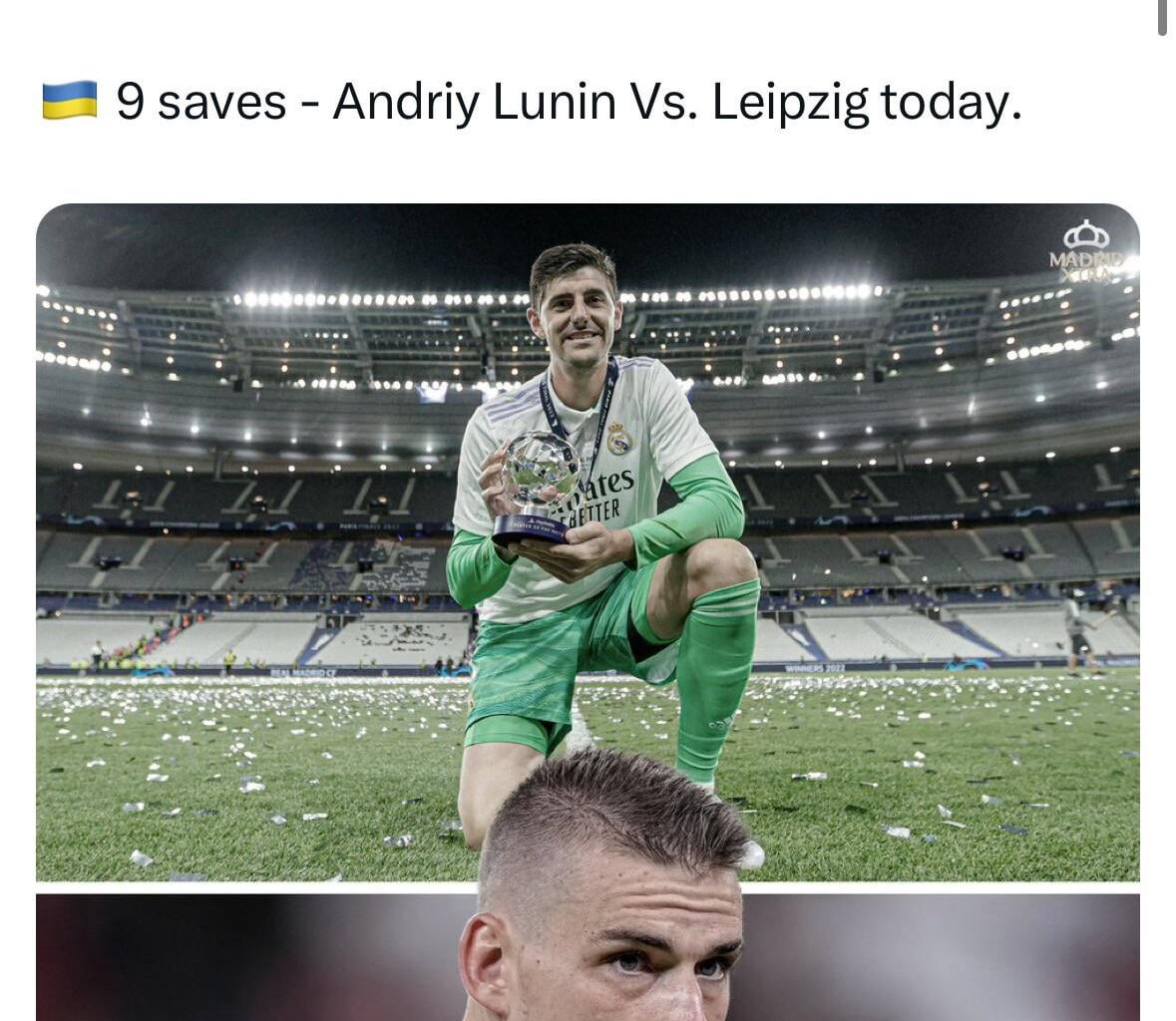 Lunin matches Courtois record for most saves in one match with Real Madrid in the Champions League